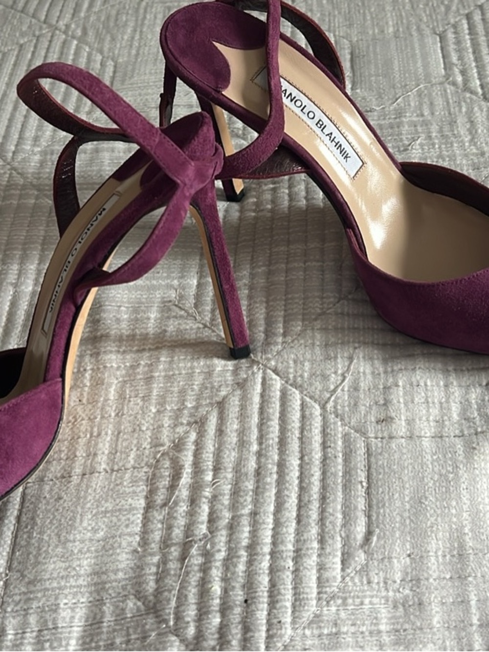 Manolo Blahnik Plum Suede Pointed-Toe Ankle-Strap Heels - Picture 3 of 4